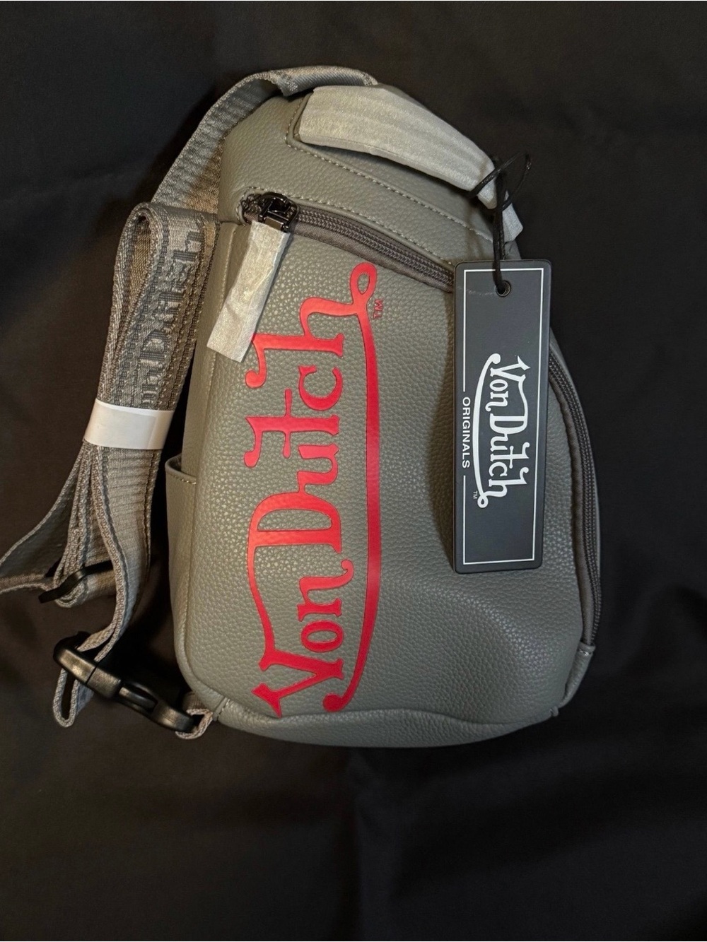 Von Dutch Gray Crossbody Sling Bag with Red Logo NWT